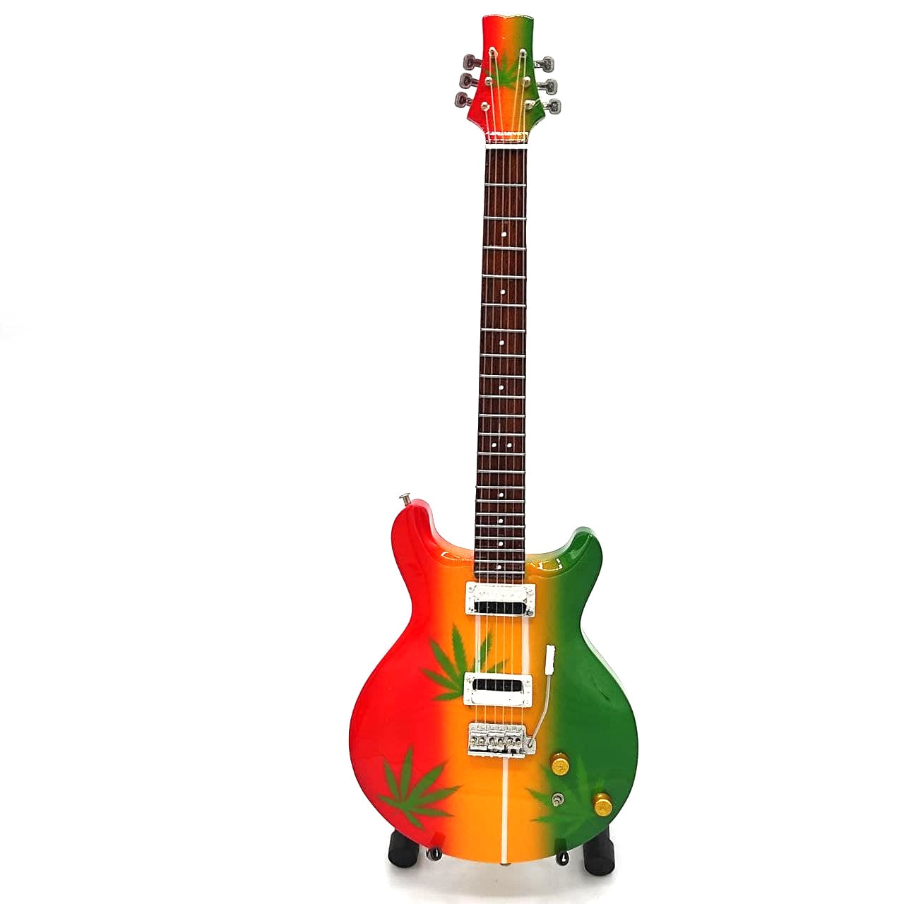Mini chitarra Bob Marley Tribute Ganja MGT-0468 con possibilità di incisione personalizzata, regalo ideale per fan del reggae, realizzata a mano in legno di mogano, altezza 27,5 cm, colori giallo, rosso, verde, bianco