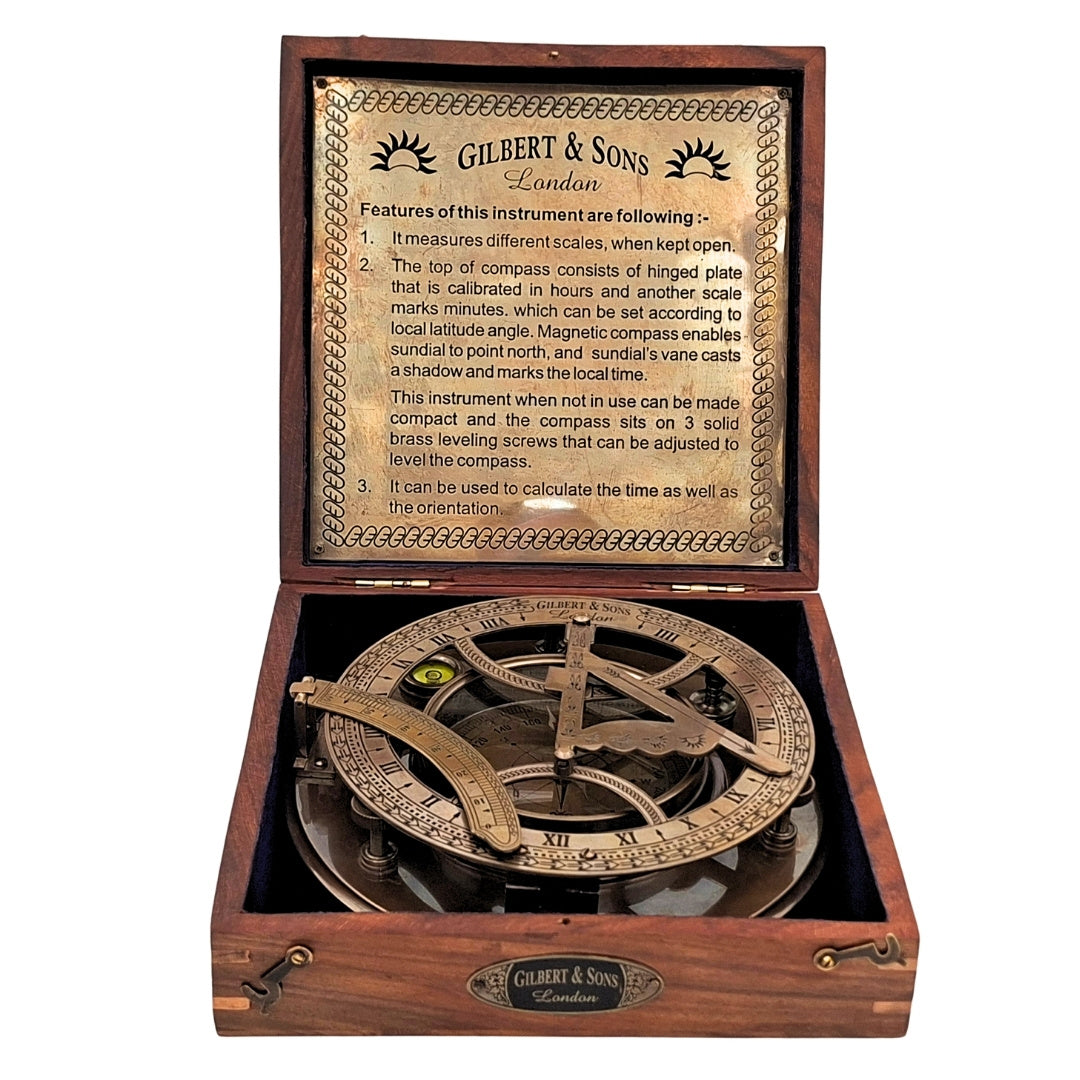 Grande bussola in ottone XXL con orologio solare in elegante scatola di legno