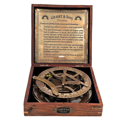 Grande bussola in ottone XXL con orologio solare in elegante scatola di legno