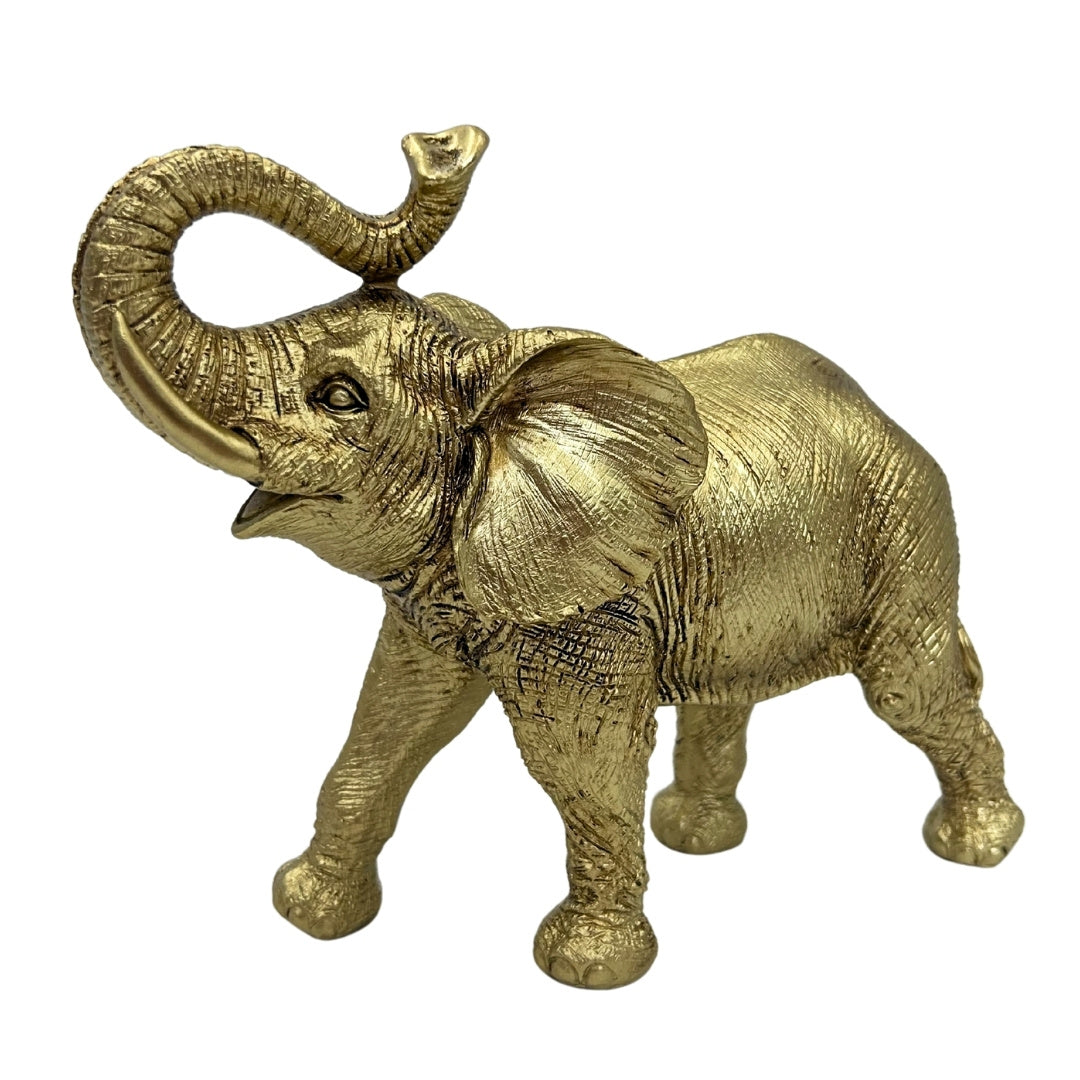 Elefante dorato con proboscide sollevata - elegante statuetta decorativa con possibilità di incisione personalizzata, perfetta come regalo - altezza 20,5 cm, materiale polyresina