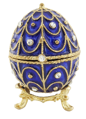 Scatola esclusiva in metallo con cristalli a forma di uovo Fabergé, blu navy e oro, 5,5x6,5 cm con possibilità di personalizzazione tramite incisione