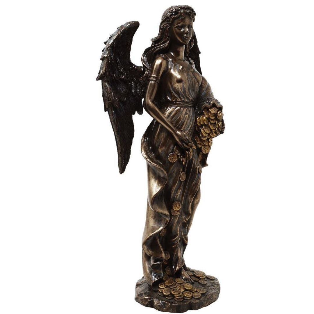 Figura Fortuna Dea della Fortuna e della Ricchezza 29 cm con corno dell’abbondanza - Incisione personalizzata per regalo, elegante decorazione in conglomerato di resina in tonalità marrone e rame