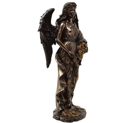Figura Fortuna Dea della Fortuna e della Ricchezza 29 cm con corno dell’abbondanza - Incisione personalizzata per regalo, elegante decorazione in conglomerato di resina in tonalità marrone e rame