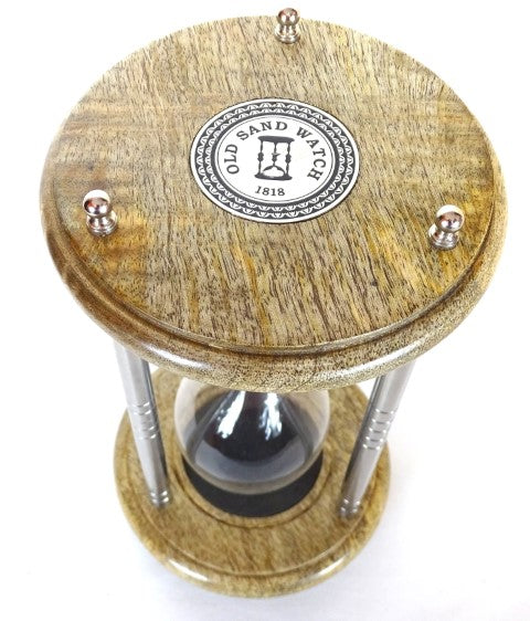 Clessidra in Ottone e Legno 10 min con Incisione - Regalo Elegante Nero, Altezza 25 cm, Realizzata in Metallo, Vetro e Legno di Mango
