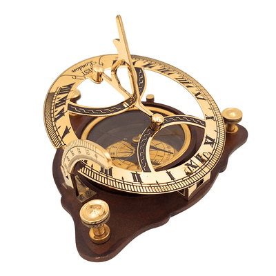 Elegante bussola in ottone con orologio solare su base in legno C064 con possibilità di incisione personalizzata