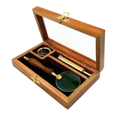 Set da Viaggio con Cannocchiale, Bussola e Lente d’Ingrandimento in Scatola di Legno con Possibilità di Incisione Personalizzata