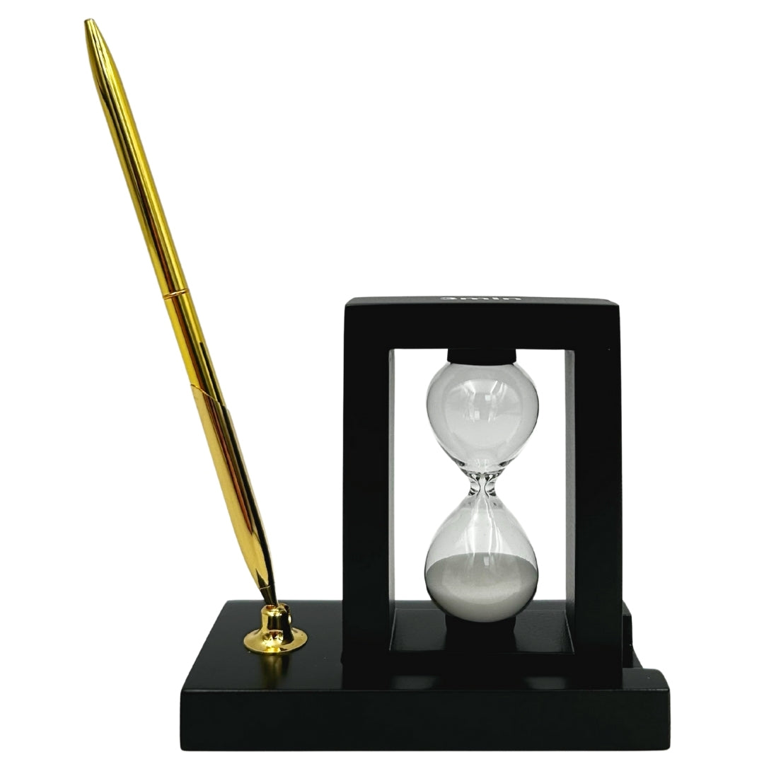Set decorativo da scrivania con clessidra da 3 minuti e portapenne con incisione