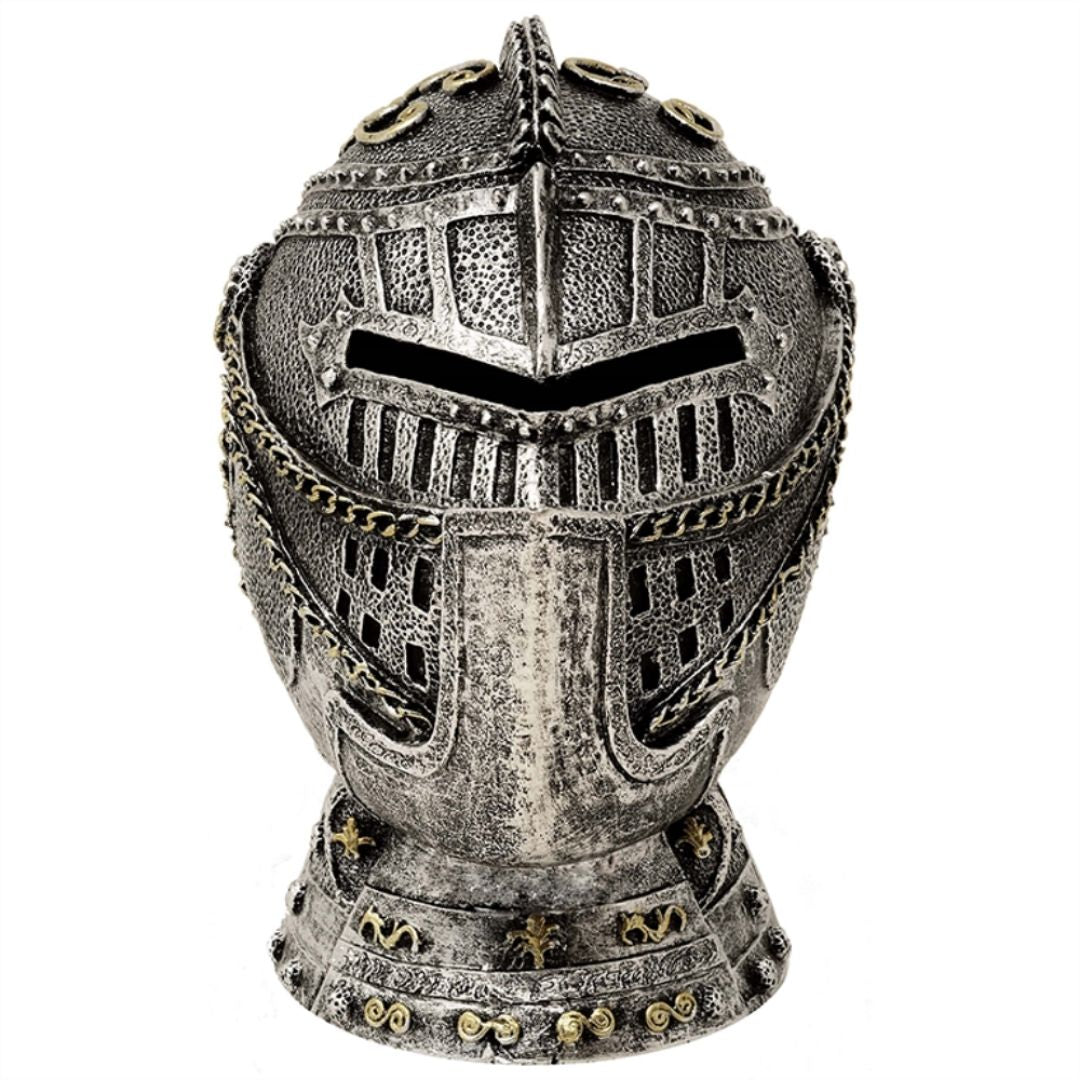 Salvadanaio decorativo a forma di elmo da cavaliere con incisione – argento anticata, 13 cm