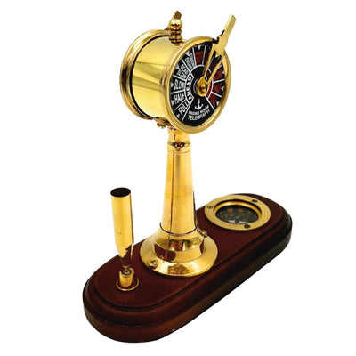 Elegante Set da Scrivania con Incisione – Telegrafo a Macchina, Bussola e Portapenne con Base in Legno – Regalo Ideale per Velista, Manager o Appassionato di Stile Retrò – Ottone e Legno di Alta Qualità, Dimensioni 16,5 x 6 x 16,8 cm