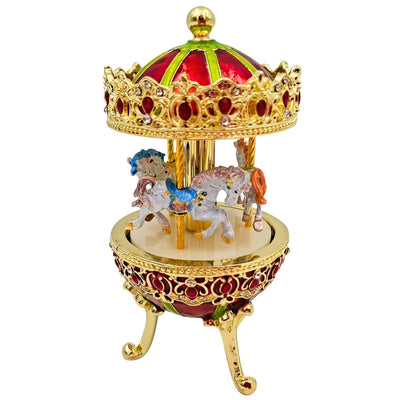 Carillon Musicale Giostra con Incisione - Elegante Decorazione in Oro e Rosso, 14 cm