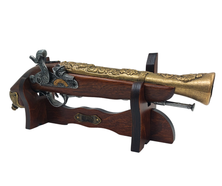 Replica della Pistola a Pietra Focaia del XVIII Secolo su Supporto con Possibilità di Incisione Personalizzata - Elegante Elemento Decorativo e Regalo Ideale per gli Amanti della Storia - Realizzata in Metallo e Legno, Lunghezza 38 cm