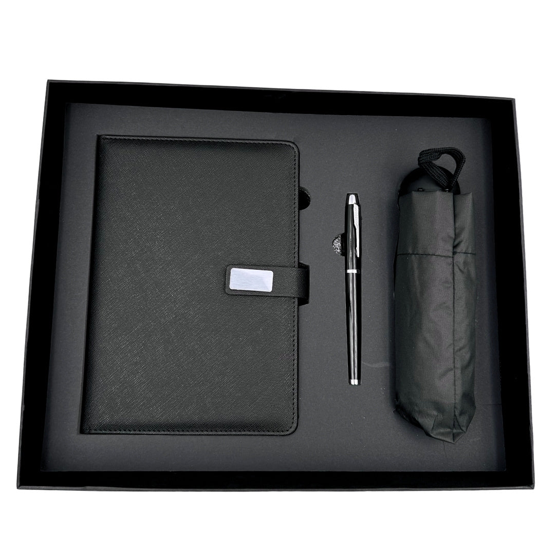 Elegante Set Regalo con Personalizzazione - Taccuino in Pelle A5, Penna e Ombrello Nero in Scatola Regalo