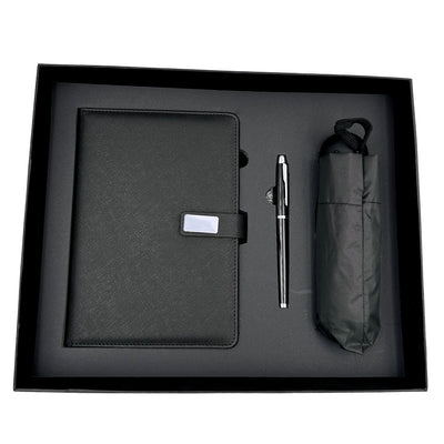 Elegante Set Regalo con Personalizzazione - Taccuino in Pelle A5, Penna e Ombrello Nero in Scatola Regalo
