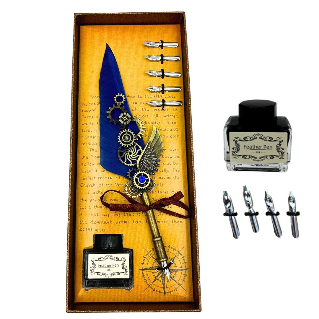 Set per Calligrafia Retrò con Penna d'Oca Blu, 6 Pennini, Inchiostro, Personalizzazione con Incisione, Elegante Regalo in Stile Vintage
