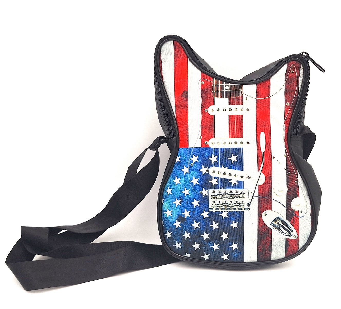 Borsa a tracolla a forma di chitarra con bandiera americana – impermeabile, con tracolla regolabile, possibilità di personalizzazione tramite incisione