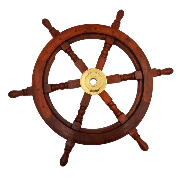 Ruota del timone in legno con inserto in ottone - Diametro 60 cm - Decorazione nautica rétro come regalo per un velista