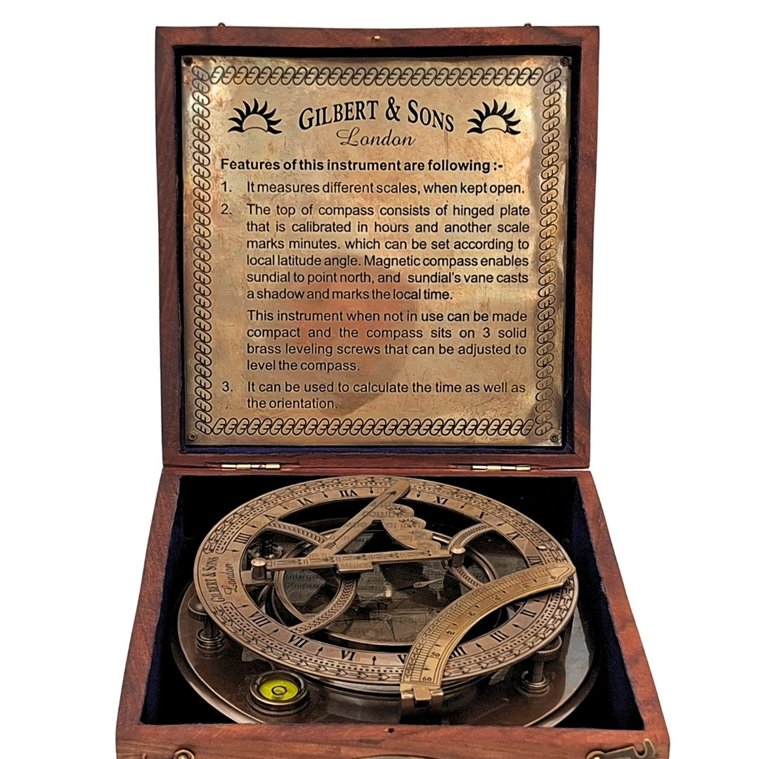 Grande bussola in ottone XXL con orologio solare in elegante scatola di legno