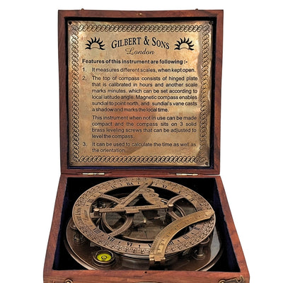 Grande bussola in ottone XXL con orologio solare in elegante scatola di legno
