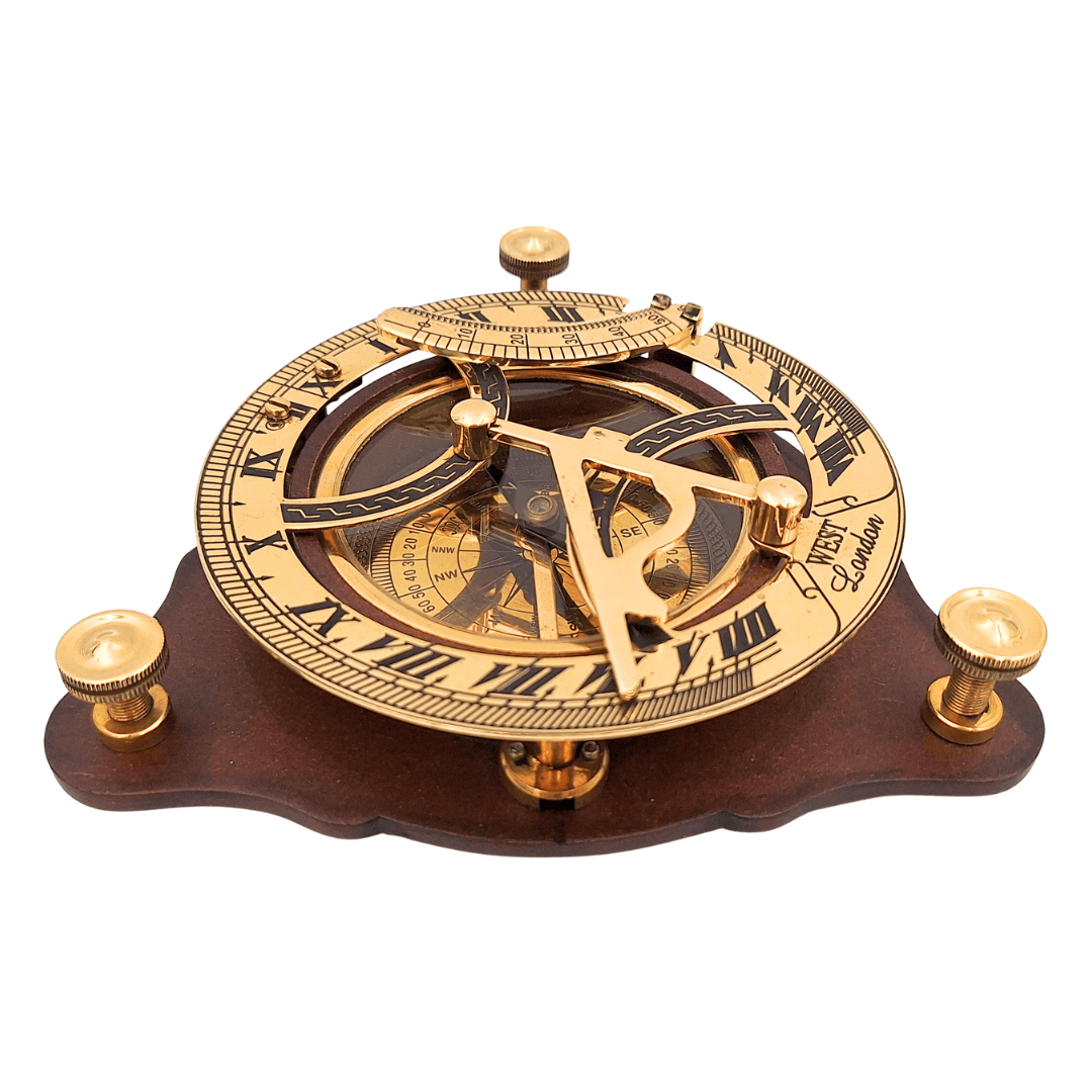 Elegante bussola in ottone con orologio solare su base in legno C064 con possibilità di incisione personalizzata