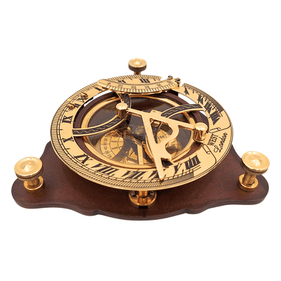 Elegante bussola in ottone con orologio solare su base in legno C064 con possibilità di incisione personalizzata