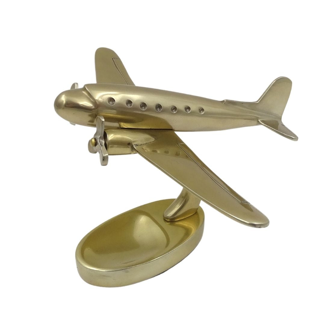 Grande modello metallico di aereo bimotore con possibilità di personalizzazione incisa, dorato, 19,5 x 16,5 x 29 cm