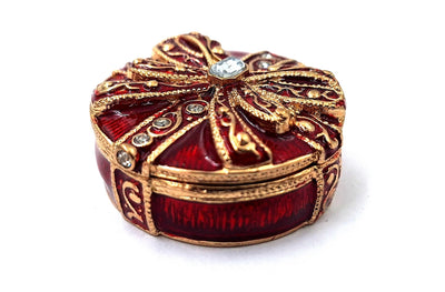 Scatoletta regalo esclusiva in metallo con cristalli B0118-08 in colore rosso e oro, possibilità di personalizzazione tramite incisione, ideale per gioielli e regalo elegante per ogni donna, dimensioni 4x4x1 cm, stile glamour