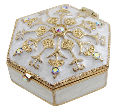 Elegante scatoletta regalo in metallo con cristalli B0035-08WH, bianco e oro, possibilità di personalizzazione tramite incisione, ideale per gioielli e piccoli oggetti, 5x5x2 cm