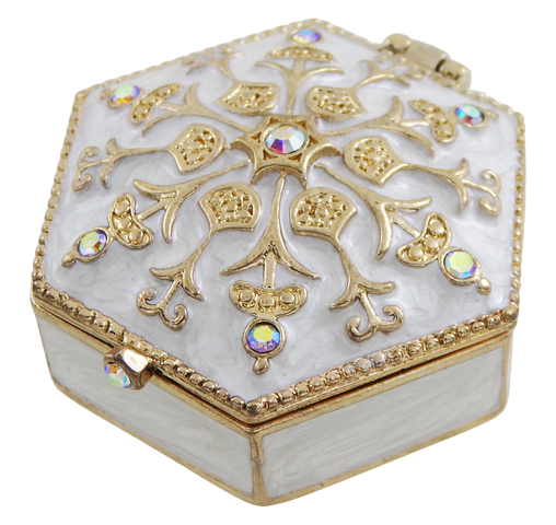 Elegante scatoletta regalo in metallo con cristalli B0035-08WH, bianco e oro, possibilità di personalizzazione tramite incisione, ideale per gioielli e piccoli oggetti, 5x5x2 cm