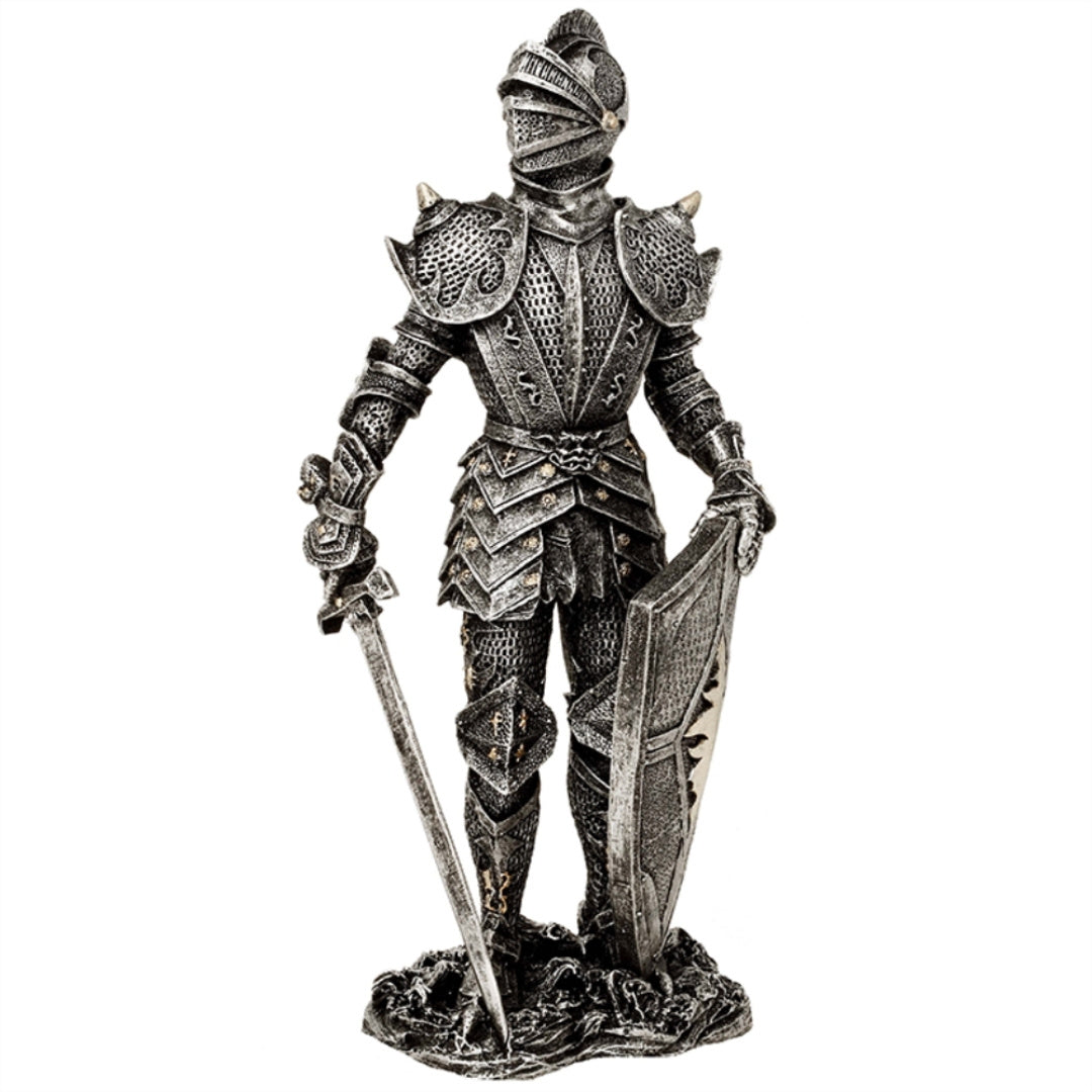 Figura Decorativa Cavaliere in Armatura Argento 30 cm con Possibilità di Incisione Personalizzata - Regalo Elegante per Amanti della Storia e del Fantasy, Dipinta a Mano in Poliresina