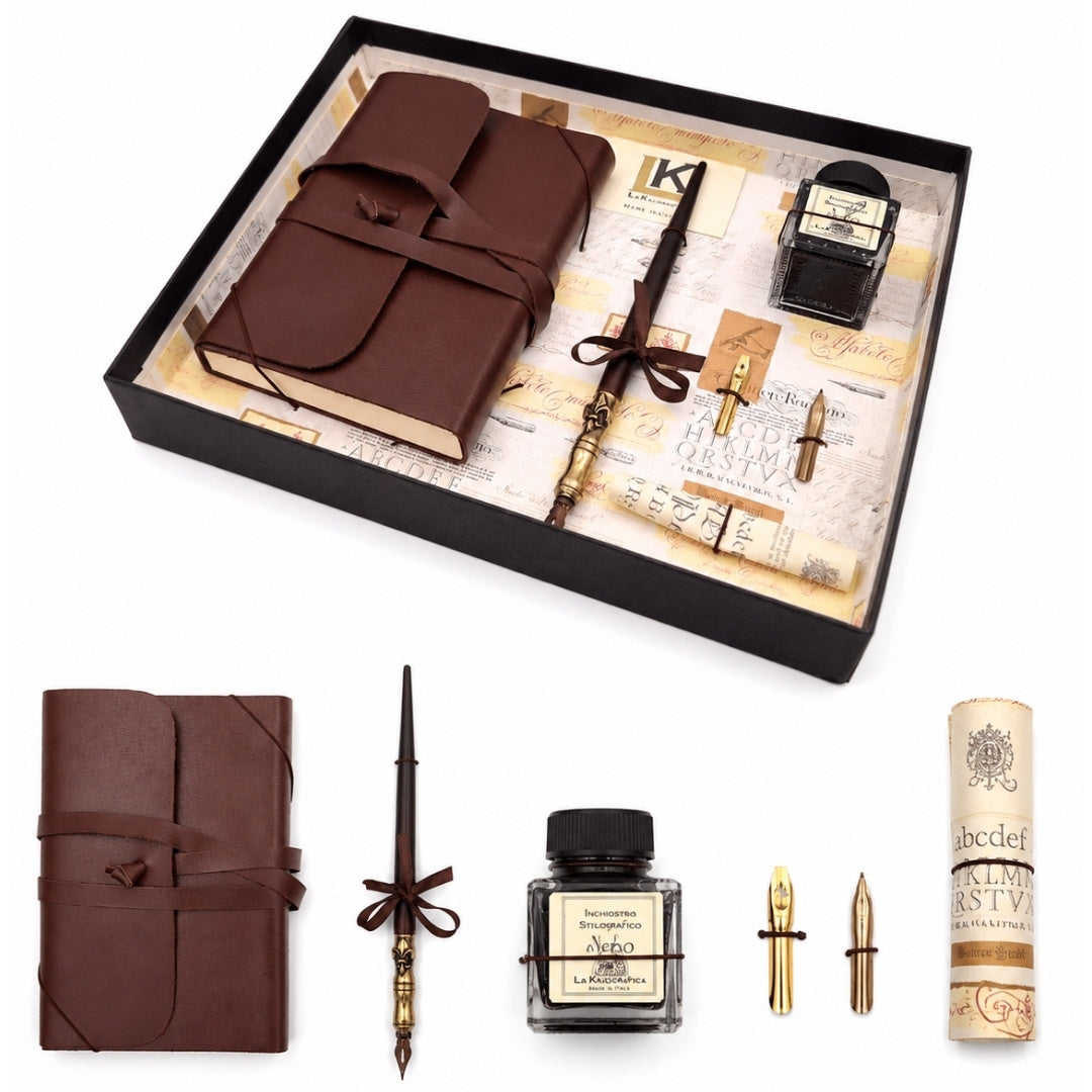 Set esclusivo per calligrafia con taccuino - penna + 3 pennini + calamaio - 5006