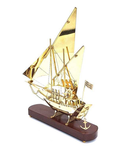 Modello in ottone di nave su base in legno 43 cm con possibilità di personalizzazione con incisione