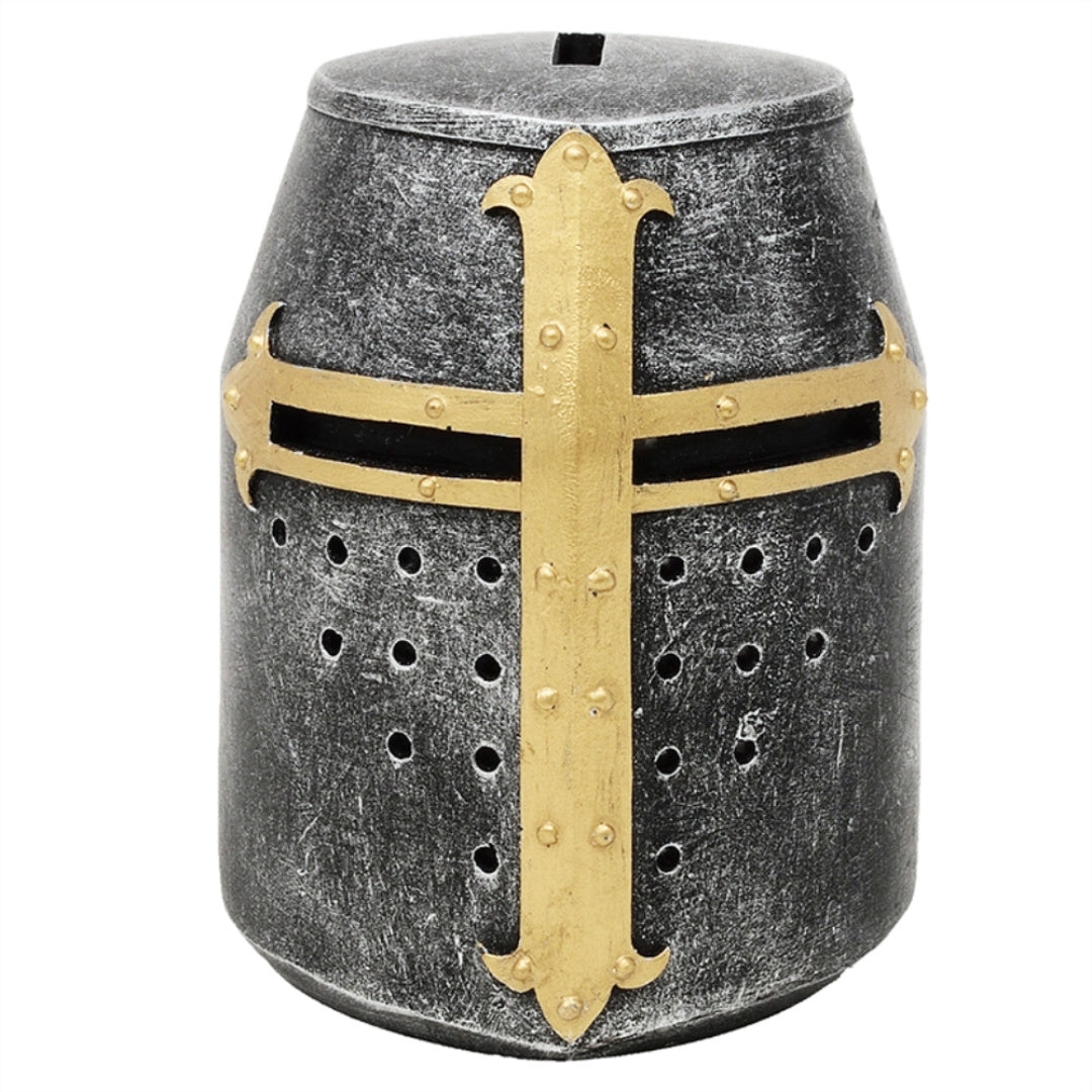 Salvadanaio elmo cavaliere crociato con personalizzazione tramite incisione – regalo unico in stile medievale, altezza 10 cm, dipinto a mano in poliresina