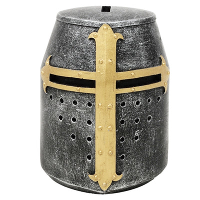 Salvadanaio elmo cavaliere crociato con personalizzazione tramite incisione – regalo unico in stile medievale, altezza 10 cm, dipinto a mano in poliresina