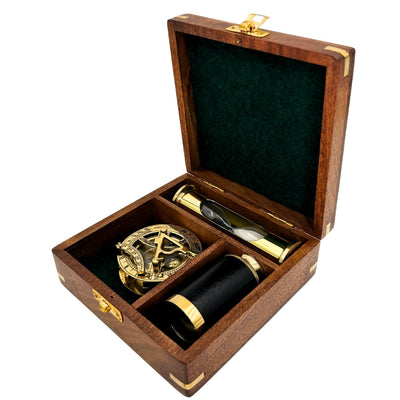Set regalo retrò con incisione – bussola in ottone, cannocchiale pieghevole, clessidra in scatola di legno