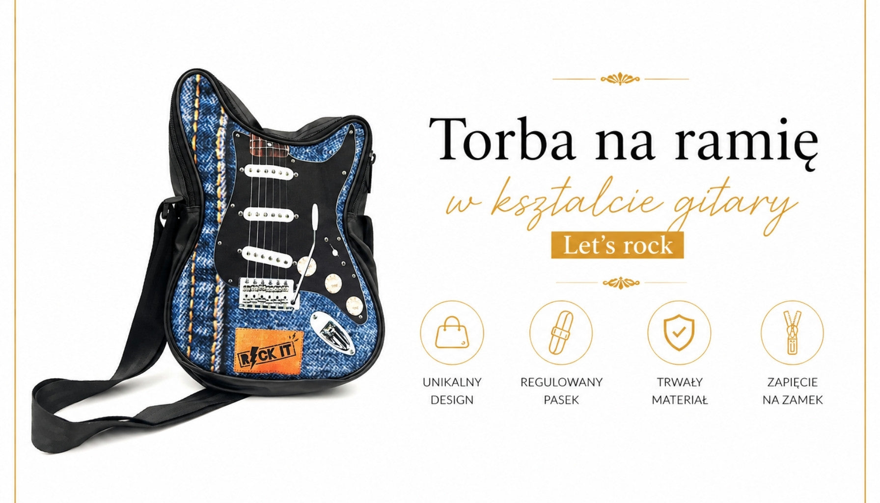 Borsa a tracolla a forma di chitarra Let’s Rock RBG-019 con possibilità di personalizzazione tramite incisione, impermeabile, ideale come regalo per musicisti, PVC 100% e poliestere, dimensioni 34 x 23 x 5 cm