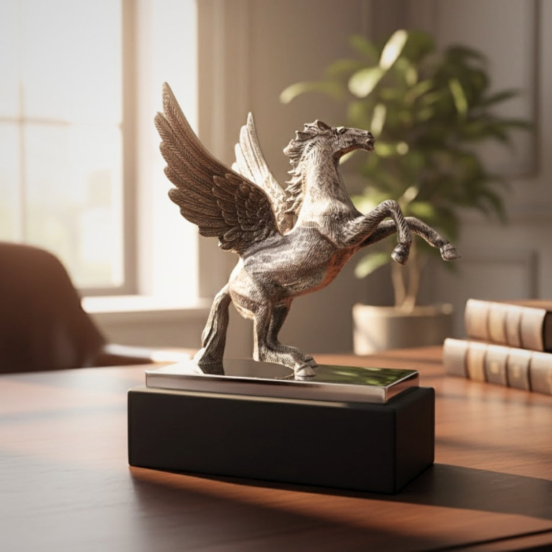 Statua Decorativa Pegaso in Alluminio su Base in Acciaio e Legno, Incisione Personalizzata, Regalo Elegante per Amanti della Mitologia Greca, Altezza 36 cm, Colore Argento con Base Nera
