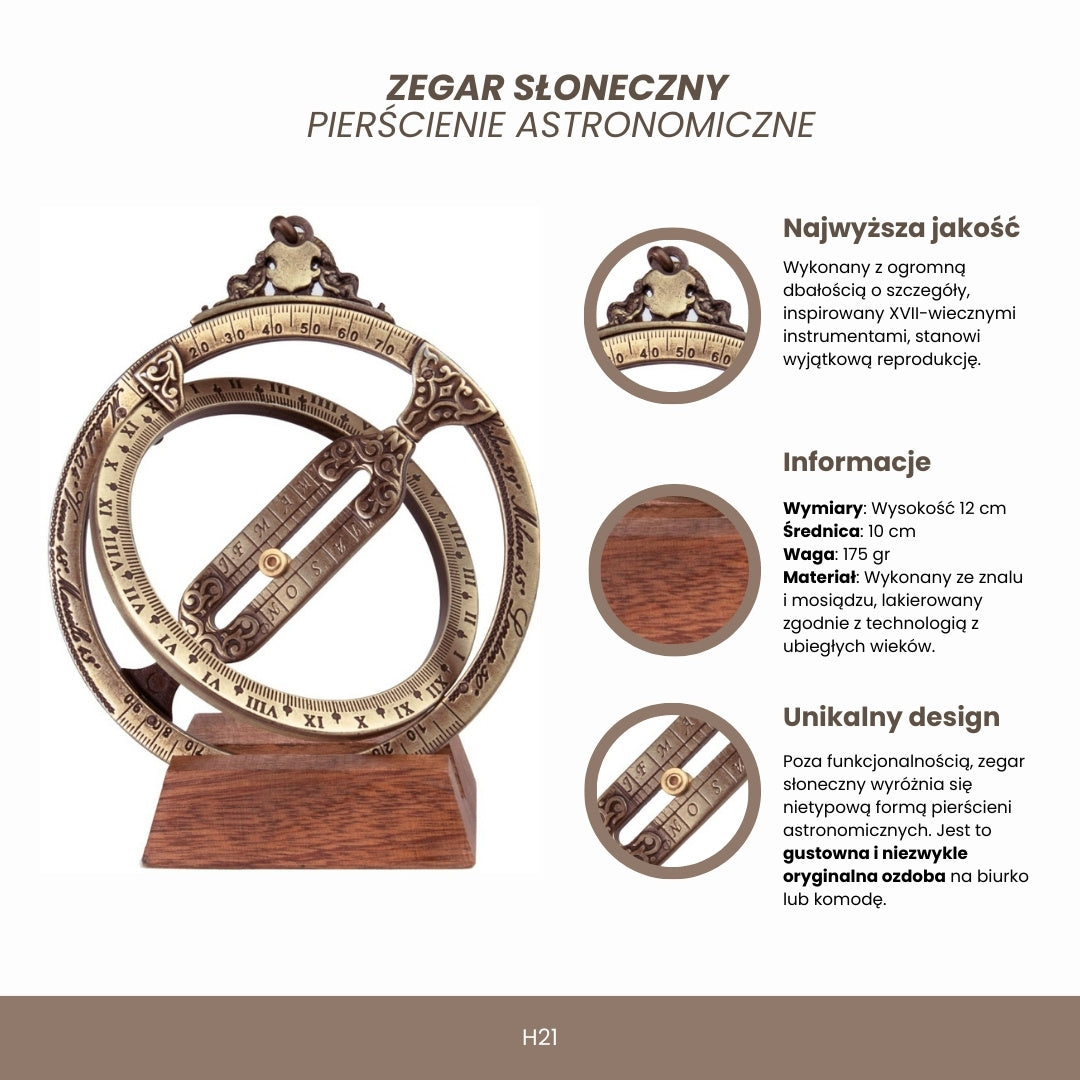 Orologio solare H21 con anelli astronomici, incisione personalizzata, elegante regalo da scrivania, altezza 12 cm, ottone e zama