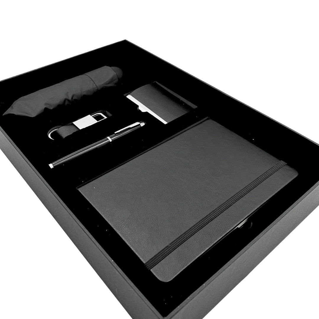 Elegante Set Regalo Classico con Personalizzazione - Taccuino in Pelle A5, Ombrello, Penna, Portabiglietti e Portachiavi in Scatola Regalo Estetica