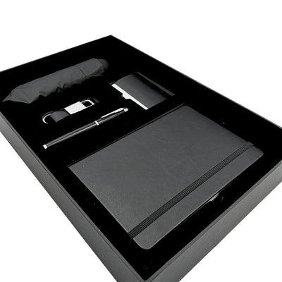 Elegante Set Regalo Classico con Personalizzazione - Taccuino in Pelle A5, Ombrello, Penna, Portabiglietti e Portachiavi in Scatola Regalo Estetica