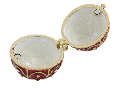 Scatola esclusiva in metallo Fabergé con cristalli in colore rosso e oro, possibilità di personalizzazione tramite incisione, ideale come regalo, dimensioni 5,5x6,5 cm