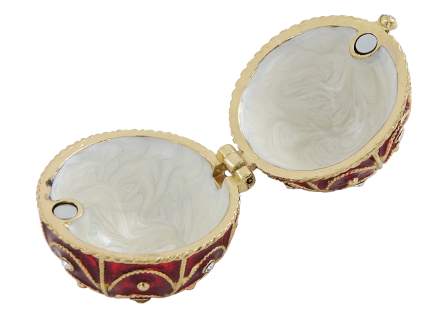 Scatola esclusiva in metallo Fabergé con cristalli in colore rosso e oro, possibilità di personalizzazione tramite incisione, ideale come regalo, dimensioni 5,5x6,5 cm