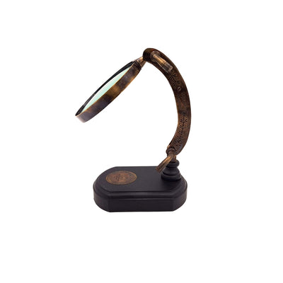 Elegante lente d'ingrandimento su base in legno con regolazione, possibilità di personalizzazione tramite incisione, ideale come regalo, altezza 20 cm, lente 10 cm, struttura e braccio in ottone