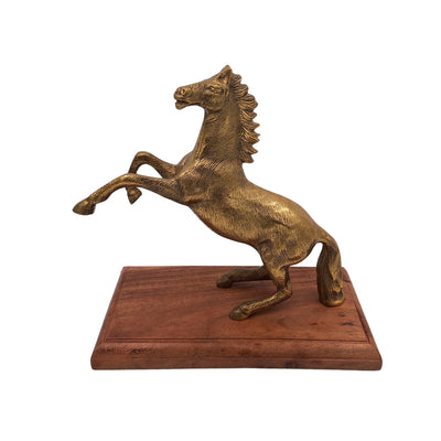 Statua di Cavallo in Alluminio su Base in Legno con Possibilità di Personalizzazione Incisa - Regalo Elegante in Colore Oro e Marrone, Altezza 27,5 cm