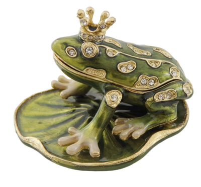 Scatoletta esclusiva in metallo a forma di rana con cristalli, verde scuro e oro, possibilità di personalizzazione tramite incisione, ideale come regalo, dimensioni 6,5x6,7x4,5 cm