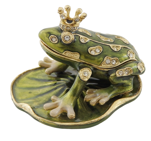 Scatoletta esclusiva in metallo a forma di rana con cristalli, verde scuro e oro, possibilità di personalizzazione tramite incisione, ideale come regalo, dimensioni 6,5x6,7x4,5 cm