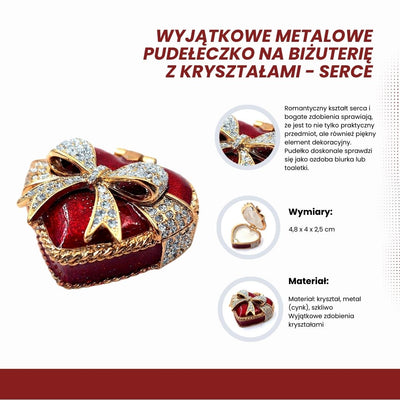 Scatoletta in metallo per gioielli a forma di cuore con cristalli, rosso, oro e argento, possibilità di personalizzazione tramite incisione, ideale come regalo romantico, dimensioni 4,8 x 4 x 2,5 cm