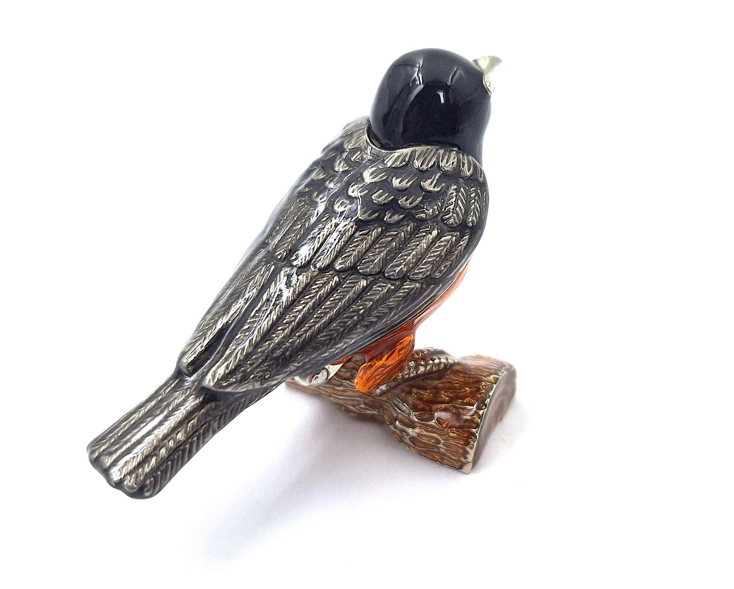 Scatoletta in metallo a forma di uccellino con cristalli, personalizzabile con incisione, ideale come regalo - nero, argento, marrone, arancione, dimensioni 5x6x5 cm, materiale: metallo, smalto, cristallo