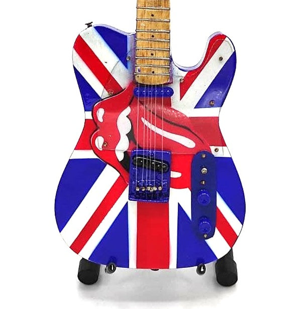 Mini chitarra da collezione Rolling Stones UK&Tongue MGT-2301B in legno di mogano, possibilità di incisione personalizzata, regalo ideale per ogni occasione, altezza 27,5 cm
