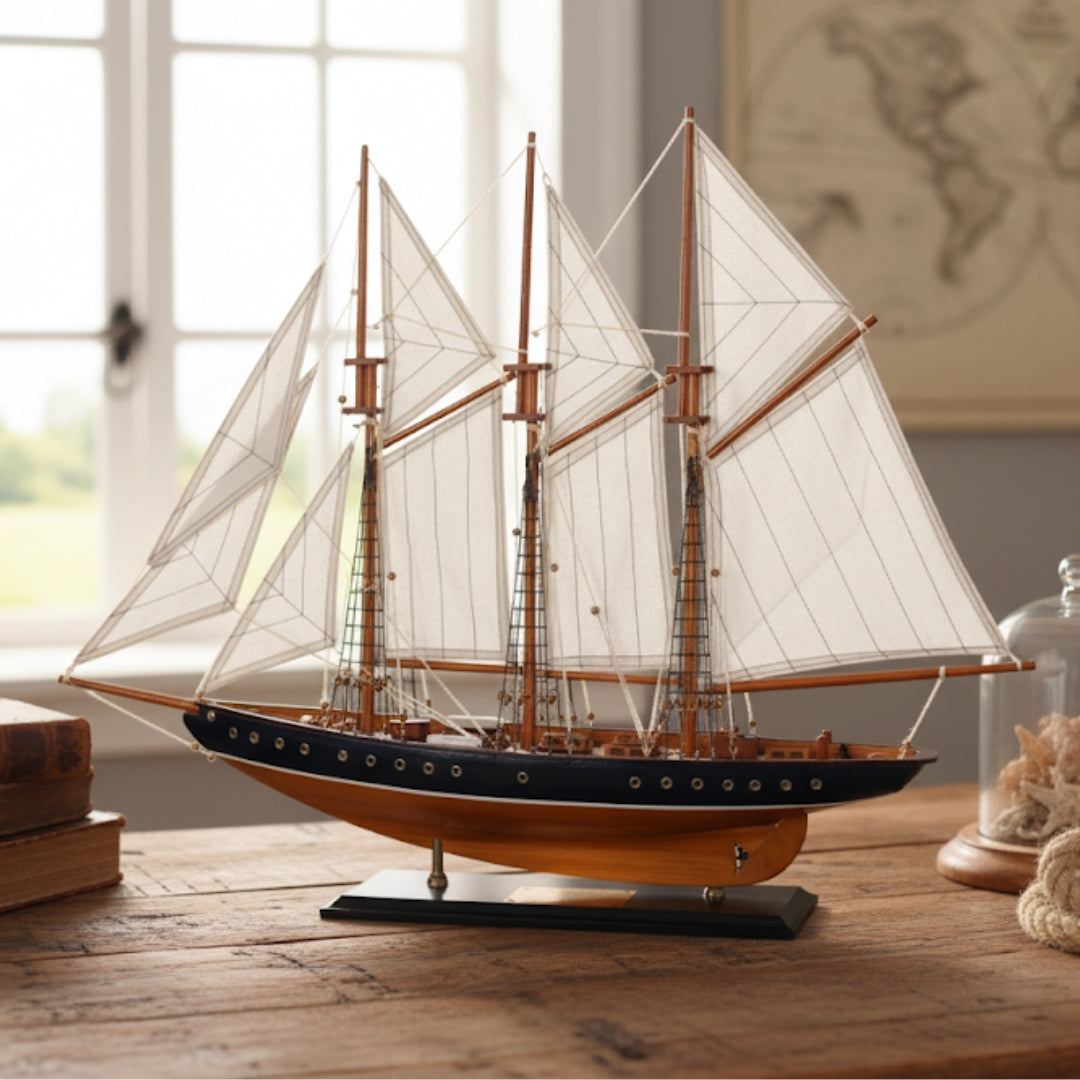 Modello di schooner Atlantic 72 cm - Replica della leggendaria nave con possibilità di personalizzazione tramite incisione - Regalo ideale per appassionati di vela - Realizzato in legno con vele in tessuto