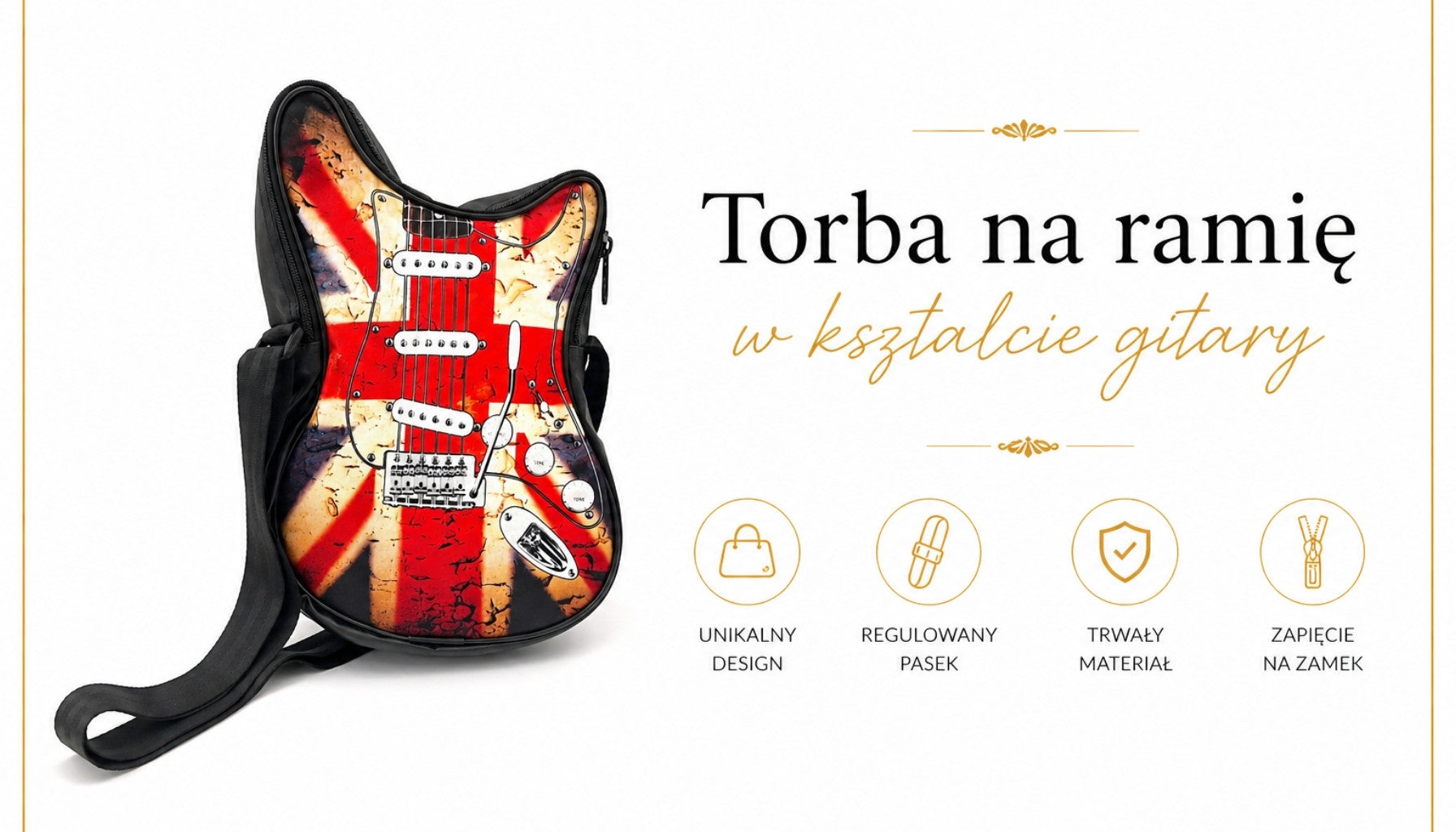 Borsa a tracolla a forma di chitarra con bandiera britannica RBG-008 con possibilità di personalizzazione tramite incisione